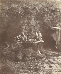 Still Life - Cauldron, Jug, and Vegetables on a Trestle Table